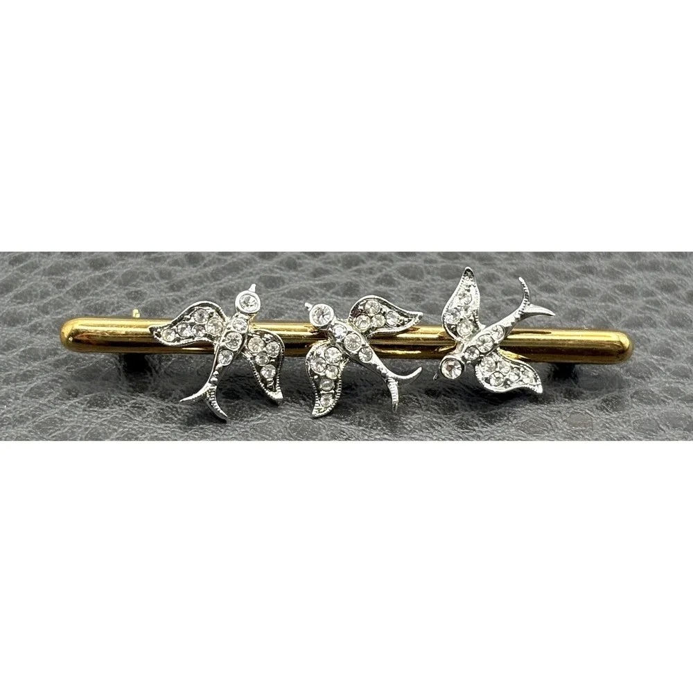 Atwood & Sawyer Victorian Revival Rhinestone Swallow Birds Bar Brooch Gold Tone
